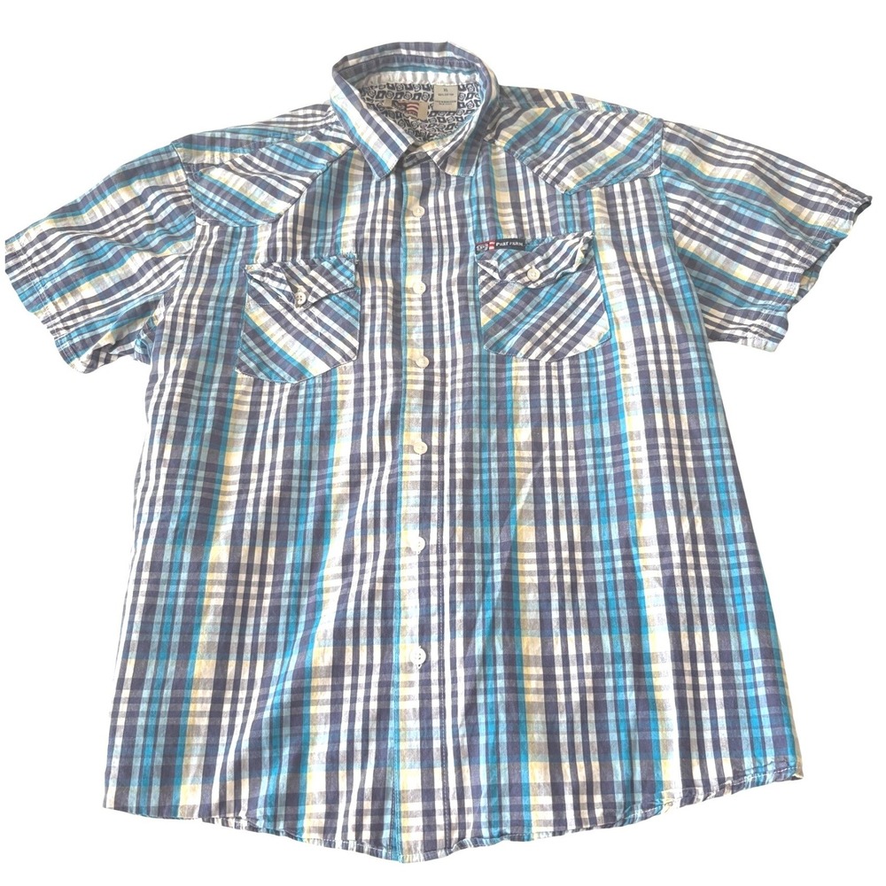 Phat Farm Mens XL Short Sleeve Y2K Button Down Shirt Blue Plaid Western Cotton